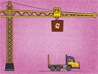 Yellow truck with a crane hovering over it, ready to place something on the back of the truck. The background is pink.