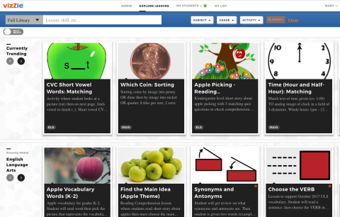 Homepage with eight icons of lessons and their descriptions with a search bar along the top left of screen.