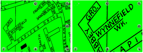 Magnified image of green map with black text.