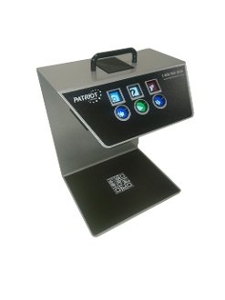 Scanning device with overhang holding control buttons and QR code on base beneath overhang.