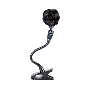 Small, round, and black camera mounted on a bendable "gooseneck."