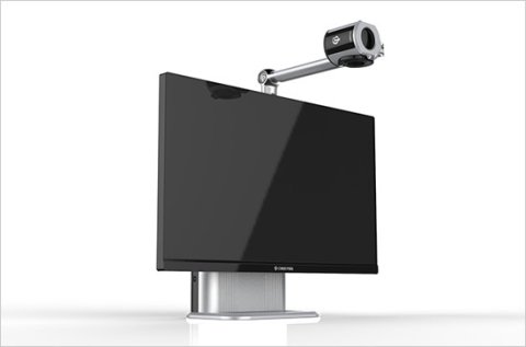 A black monitor mounted on a gray stand with and an arm mounted on the top with a viewfinder at the end of it.