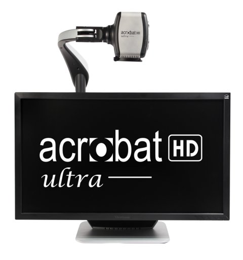 Magnifiier with display screen and magnifying camera mounted overhead. The monitor is displaying the "acrobat HD ultra" logo in white font. 