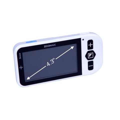 Small handheld magnifier device with a black screen and menu buttons on the righthand side. The device is white.
