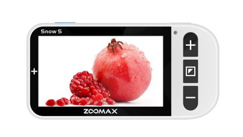 Small handheld magnifier device with menu buttons on the righthand side. The device is white. Its screen is displaying a magnified image of fruit.