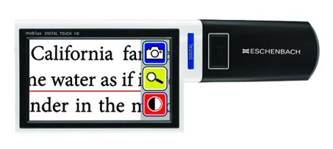 Small, rectangular portable magnifier with detachable handle and digital touch controls along right side of screen.