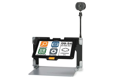 Collapsible video magnifier with tray for text material and extended tray for camera to display the zoomed text on screen. An external camera is mounted on to the right side of the device.