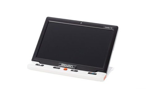 Large device with a rectangular screen. At the bottom edge, there are five menu buttons.