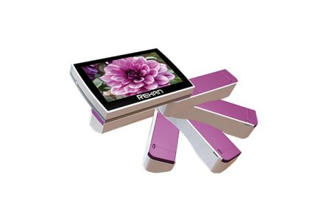 Medium-sized device with a rectangular, full-color screen, which is displaying an image of a purple flower.