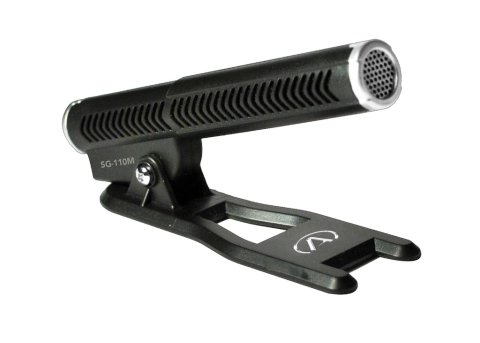 A black microphone mounted on a stand which is displayed sideways.