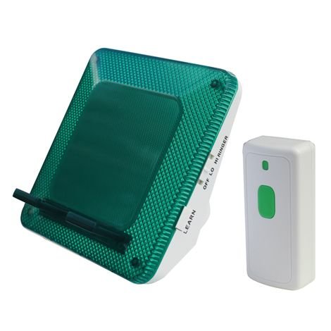 Medium-sized, green, and rectangular device with a built-in kickstand. Next to it is a small white receiver, with a green button.