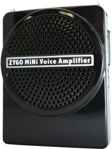 Small black speaker on a thin and compact device. Across the front, the brand name ZYGO MiNi Voice Amplifier is printed in white.