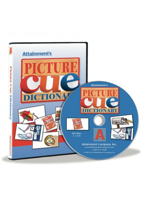 Picture Cue software package with CD. The cover features various images of picture cue cards (objects on white-background cards) included within the program. The cover has a blue background.