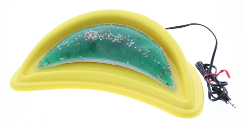 Green and yellow half moon-shaped plastic switch with gooshy, soft filling.