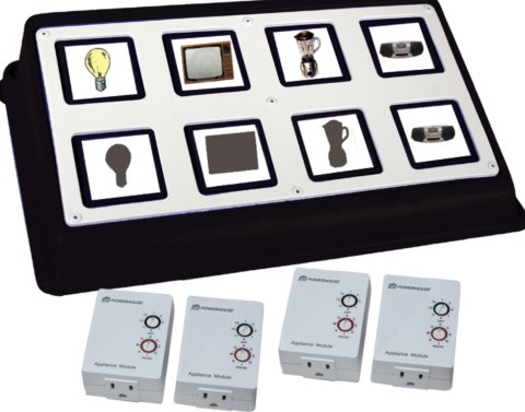 Four appliance modules next to a black unit with eight icon tiles.