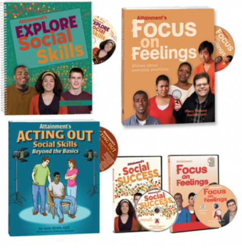 The full collection of workbooks and CDs included in the set Enhance: Social Skills.