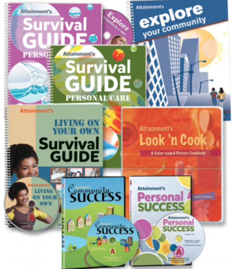 The full collection of workbooks and CDs included within the set Enhance: Functional Life Skills.