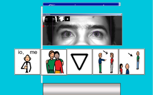 A screenshot of a user using CiaoMundo's 5-symbol, eye-controlled keyboard with predictive type. The screen shows 5 images, each depicting an idea. The first says "me" or "io" and shows a figure pointing to themselves. The second, two people embracing. The third, a small triangle. The fourth image depicts one person pointing to a second person, with an arrow between them pointing in the same direction. The last image shows two people together, while an arrow points separately to a third person.