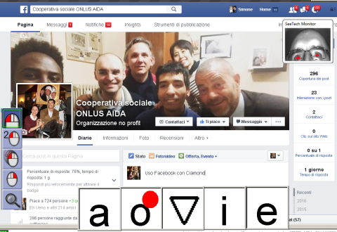 Screenshot of what navigating Facebook looks like using CiaoMundo. In the top-right corner, an in-screen camera shows the users' eyes. There is a small vertical CiaoMundo menu with a search bar on the left side of the screen. The on-screen 5-letter CiaoMundo keyboard floats across the bottom.