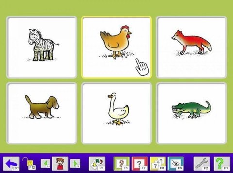 Software screen with lime green background and six different illustrated animal icons, each in a grid. Below, a blue menu bar with various menu icons.