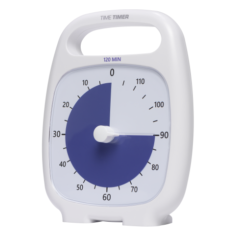 Medium-sized, white, and square timer with dark blue disk that disappears as the time runs down. Features a built-in handle at the top.