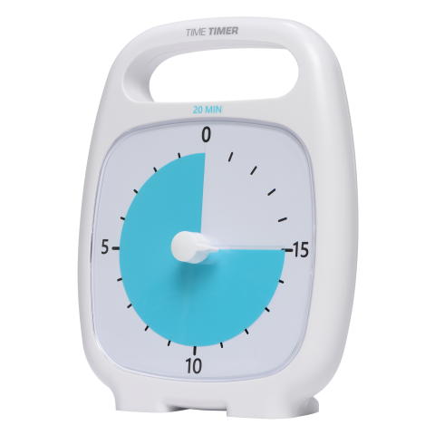 Medium-sized, white, and square timer with bright blue disk that disappears as the time runs down. Features a built-in handle at the top.