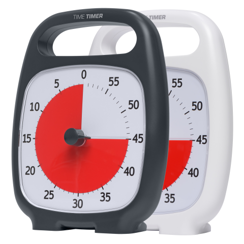 Two medium-sized, square timers, one black and one white. Each have a red disk that disappears as the time runs down. They feature a built-in handle at the top.