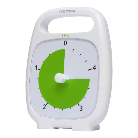 Medium-sized, white, and square timer with lime green disk that disappears as the time runs down. Features a built-in handle at the top.