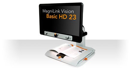 Video magnifier with words displayed on monitor screen. The device features a platform base for placing materials to be magnified.