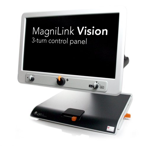 Video magnifier with words displayed on monitor screen. Three round control knob are along the front edge of the monitor.