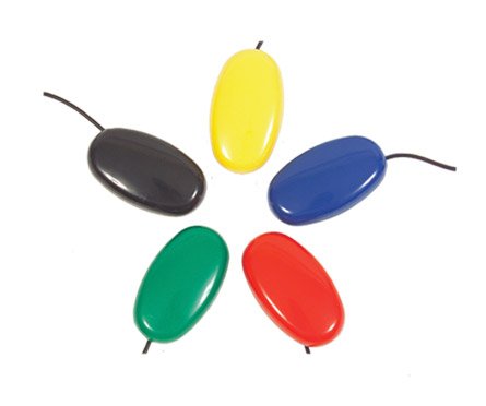 Switches in the shape of eggs in black, yellow, blue, red, and green.