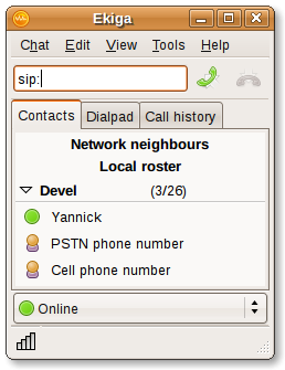 A window of the Ekiga software with a list of people to contact in the local area network. Options at the top are Chat, Edit View, Tools, Help.