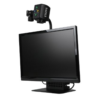 Monitor with magnifier mounted at the top with controls to zoom and a light attached.