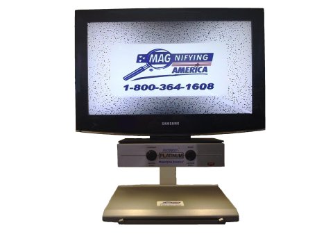 Video magnifier with medium-sized monitor. The device features a platform base for placing materials.