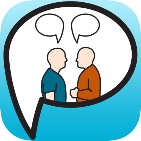 Common phrases app logo showing a white speech bubble with the outline of two men facing each other, each with a white speech bubble above them.