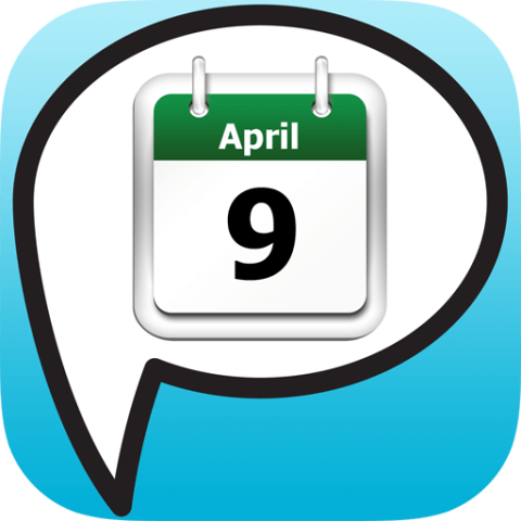 Days, Months, Dates app logo showing a white speech bubble with a flip calendar showing the date April 9th.