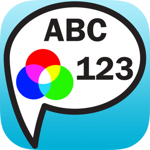 Letters, Number, Colors app logo showing a white speech bubble with abc written in the upper line in black capital letters. In the second line inside the bubble are an intersecting tri-circle of primary colors with their mixed colors in the intersections along with the numbers 123 written in black. 