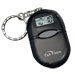 Black oval keychain with gray button in center and small screen to display time.