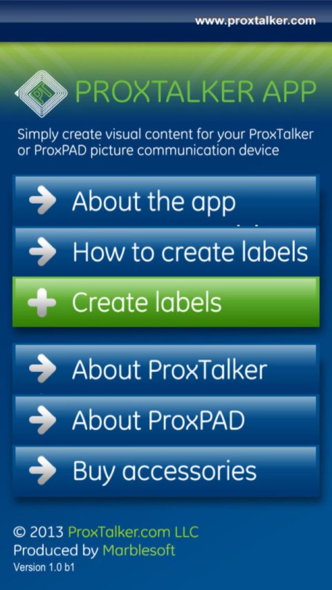 ProxTalker App menu options, including about the app, how to create labels, create labels, about ProxTalker, about ProxPAD, and buy accessories.