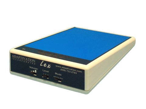 Inclined triangular, pressure-sensitive device with blue surface and jack inputs along thicker edge.