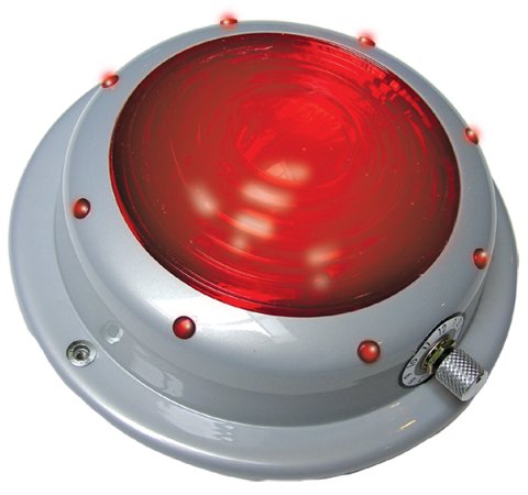 Gray base with red button and red lights around edge, silver knob on edge of button.