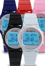 Five wristwatches in five different colors; blue, red, pink, black, and white.