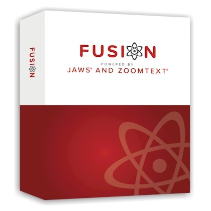 Angled view of Fusion software box front, top half white and bottom half red.