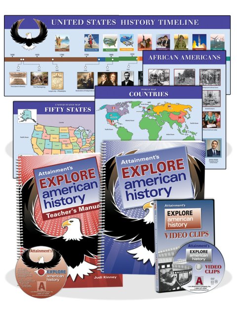 A timeline, chart with various images, and two maps (one of the U.S. and the other a world map), as well as two workbooks, and two CDs. The workbooks are titled "Explore American History."