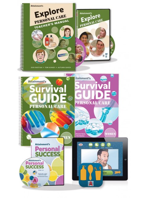 Four workbooks; one CD; and one app. Two of the books are titled "Explore Personal Care." Two are titled "Survival Guide: Personal Care." The DVD and CD are titled "Personal Success."