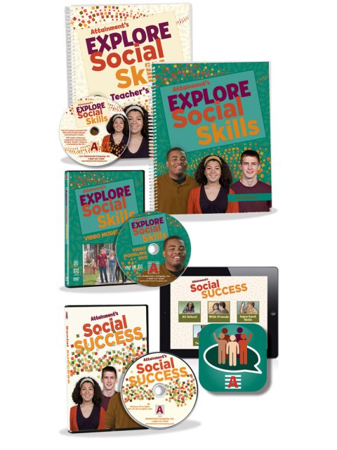 Two workbooks; two CDs; and one app. The workbooks are titled "Explore Social Skills," and one DVD is titled "Social Success." 