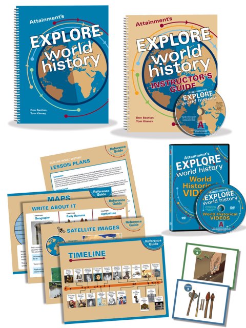 Two workbooks, one CD, and various timelines and supplementary materials. The workbooks and CD are titled "Explore World History."