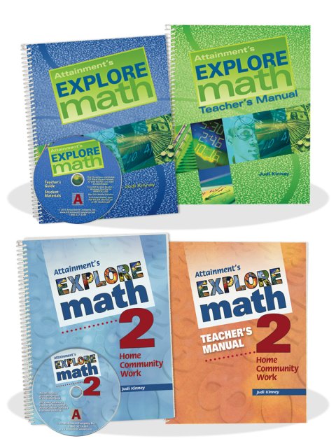 Four workbooks and one CD; two workbooks are titled "Explore Math;" the other two are titled "Explore Math 2," as is the CD.