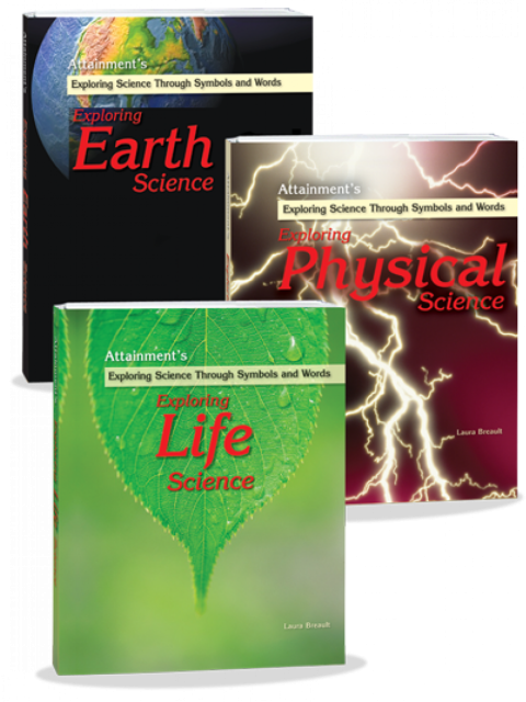 Three books; one is title "Earth Science;" another "Physical Science'" and the third is titled "Life Science."