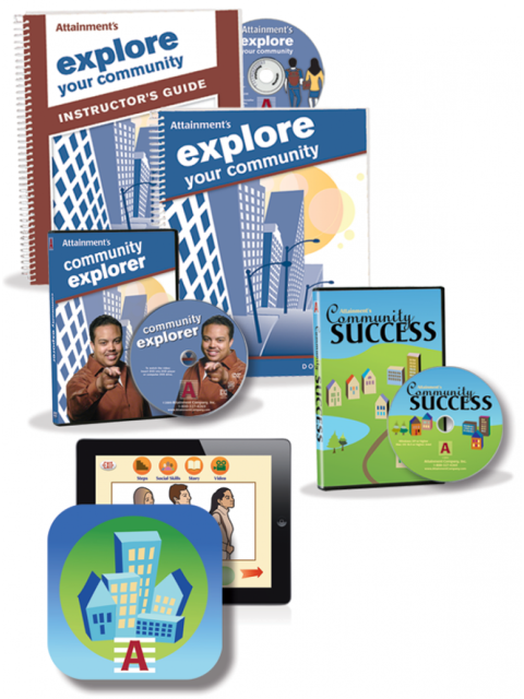 Two workbooks; three CDs; and one app. The Workbooks are titled "Explore Your Community," and one CD is titled "Community Explorer." 